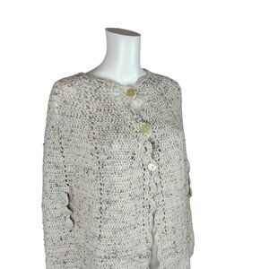 Vintage 60s Crochet Sweater Cape Womens Medium White Rainbow Speckled Fall Boho